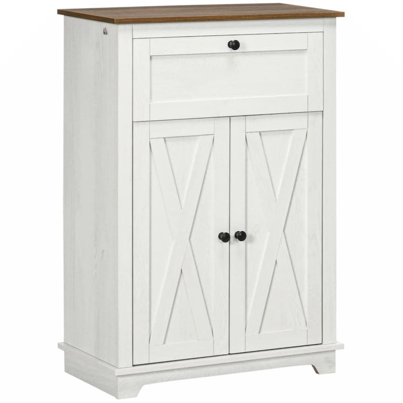 Meuble d'appoint style grange, buffet de cuisine avec double porte et tiroir, blanc