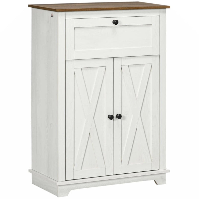 Meuble d'appoint style grange, buffet de cuisine avec double porte et tiroir, blanc