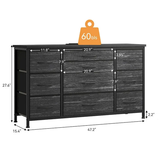 Commode de chambre à coucher avec 10 grands tiroirs pour meuble TV de 55 pouces de long - 55 pouces