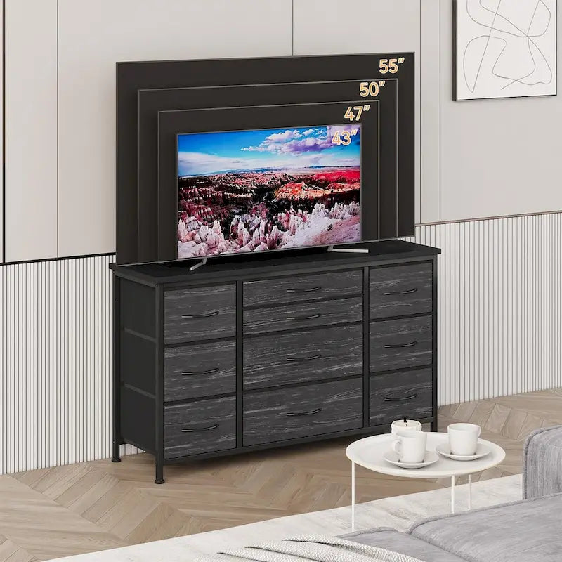 Commode de chambre à coucher avec 10 grands tiroirs pour meuble TV de 55 pouces de long - 55 pouces