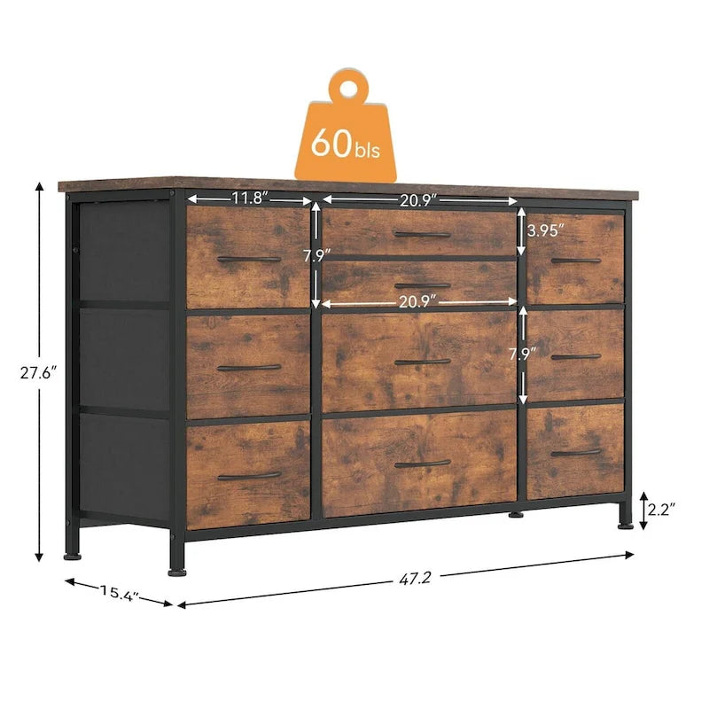 Commode de chambre à coucher avec 10 grands tiroirs pour meuble TV de 55 pouces de long - 55 pouces