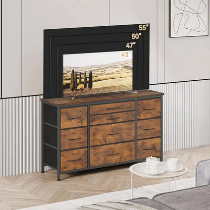 Commode de chambre à coucher avec 10 grands tiroirs pour meuble TV de 55 pouces de long - 55 pouces