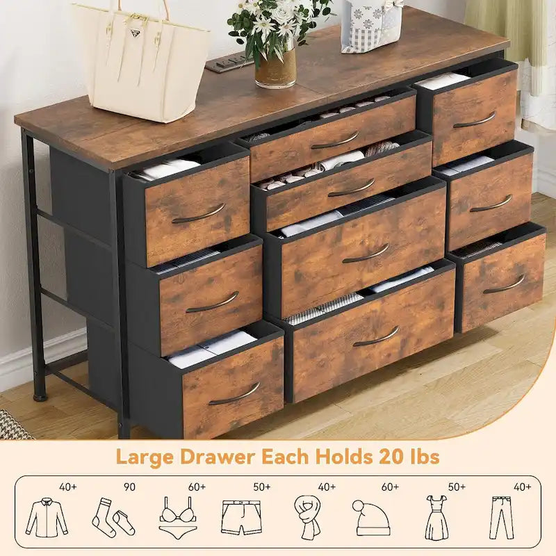 Commode de chambre à coucher avec 10 grands tiroirs pour meuble TV de 55 pouces de long - 55 pouces