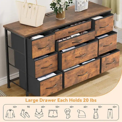 Commode de chambre à coucher avec 10 grands tiroirs pour meuble TV de 55 pouces de long - 55 pouces