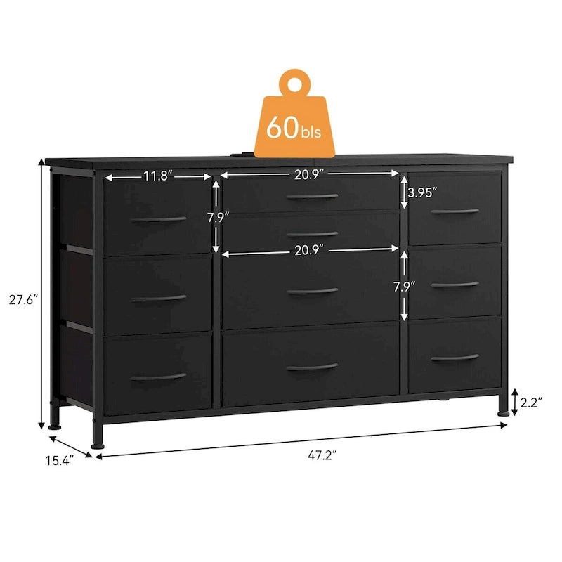 Commode de chambre à coucher avec 10 grands tiroirs pour meuble TV de 55 pouces de long - 55 pouces