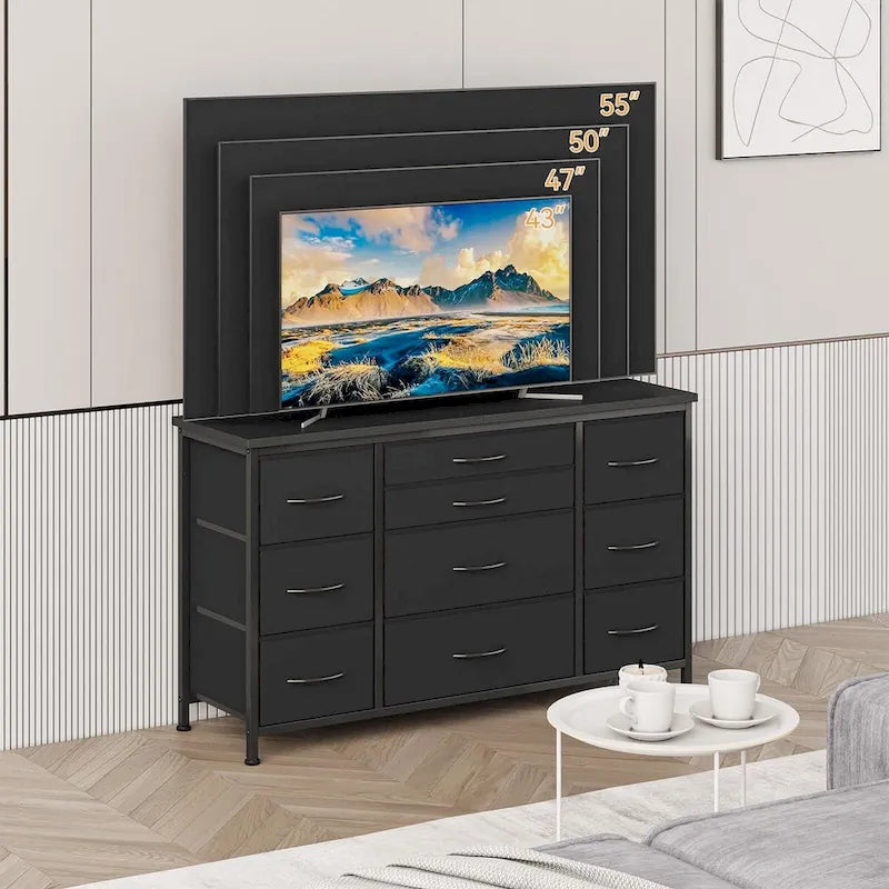 Commode de chambre à coucher avec 10 grands tiroirs pour meuble TV de 55 pouces de long - 55 pouces