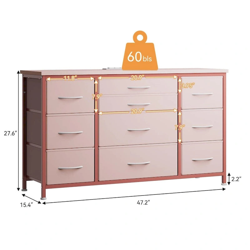 Commode de chambre à coucher avec 10 grands tiroirs pour meuble TV de 55 pouces de long - 55 pouces