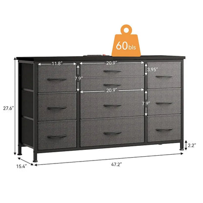 Commode de chambre à coucher avec 10 grands tiroirs pour meuble TV de 55 pouces de long - 55 pouces