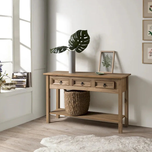 OS Home and Office Furniture Model COR933 Cottage Series Wood Three Drawer Hall Table Console in Corona Brown