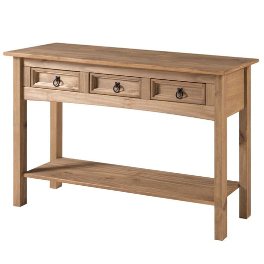 Console table d'entrée à trois tiroirs en bois, modèle COR933 de la série Cottage, couleur marron Corona, de la marque OS Home and Office Furniture.