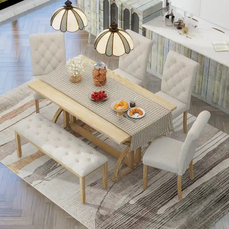 Ensemble de salle à manger rétro rectangulaire 6 pièces, comprenant une table aux pieds originaux, 4 chaises rembourrées et 1 banc, idéal pour la salle à manger et la cuisine.