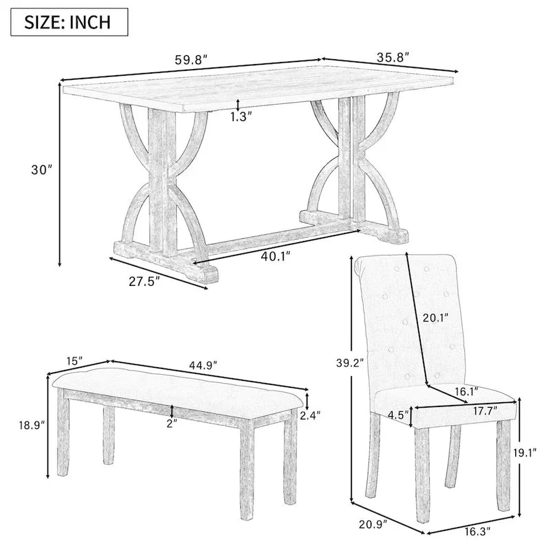 Ensemble de salle à manger rétro rectangulaire 6 pièces, comprenant une table aux pieds originaux, 4 chaises rembourrées et 1 banc, idéal pour la salle à manger et la cuisine.