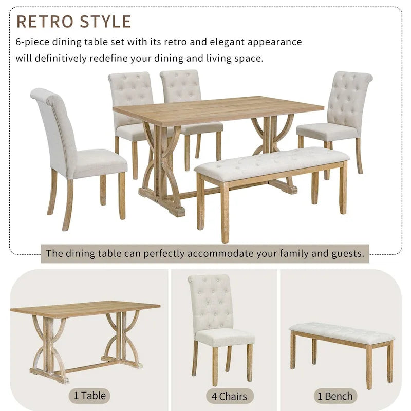 Ensemble de salle à manger rétro rectangulaire 6 pièces, comprenant une table aux pieds originaux, 4 chaises rembourrées et 1 banc, idéal pour la salle à manger et la cuisine.
