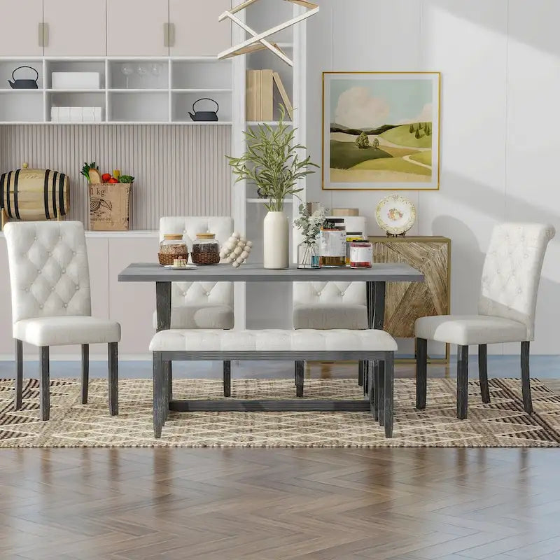 Ensemble de salle à manger rétro rectangulaire 6 pièces, comprenant une table aux pieds originaux, 4 chaises rembourrées et 1 banc, idéal pour la salle à manger et la cuisine.