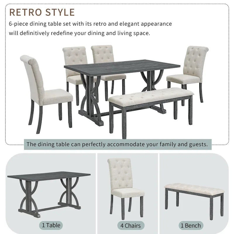 Ensemble de salle à manger rétro rectangulaire 6 pièces, comprenant une table aux pieds originaux, 4 chaises rembourrées et 1 banc, idéal pour la salle à manger et la cuisine.