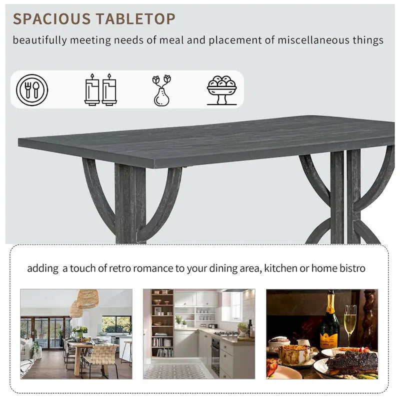 Ensemble de salle à manger rétro rectangulaire 6 pièces, comprenant une table aux pieds originaux, 4 chaises rembourrées et 1 banc, idéal pour la salle à manger et la cuisine.