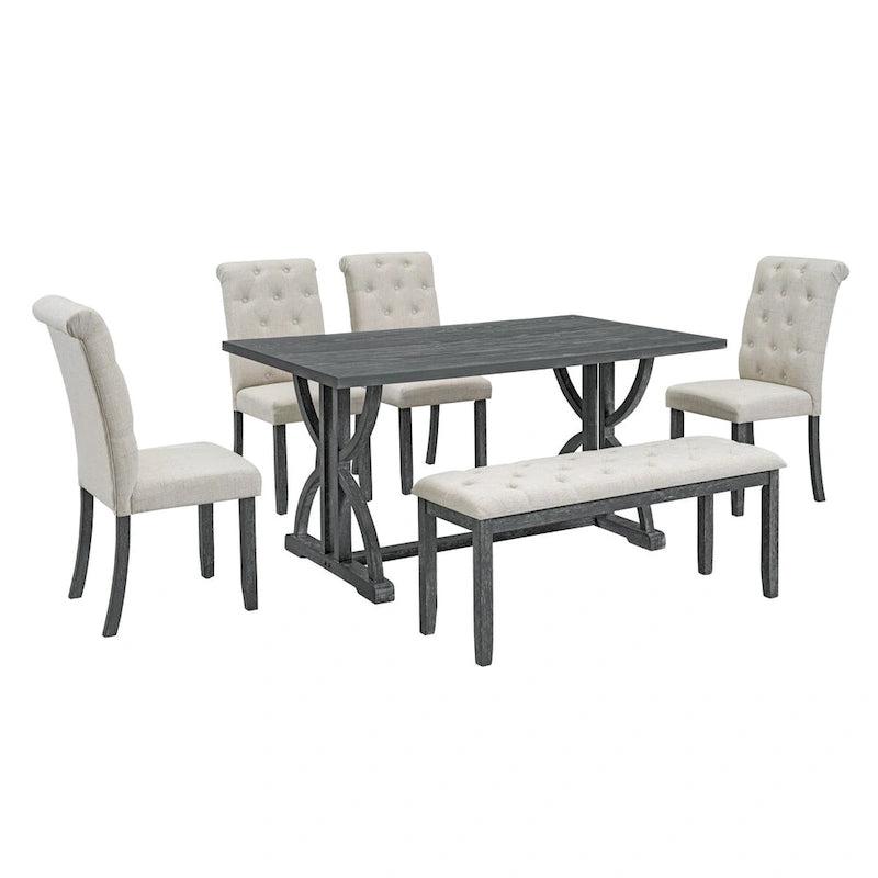 Ensemble de salle à manger rétro rectangulaire 6 pièces, comprenant une table aux pieds originaux, 4 chaises rembourrées et 1 banc, idéal pour la salle à manger et la cuisine.