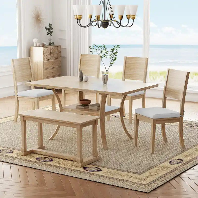 Ensemble de salle à manger 6 pièces avec étagère de rangement et pieds incurvés, ensemble de table de cuisine avec banc et 4 chaises de salle à manger avec coussins amovibles