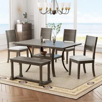 Ensemble de salle à manger 6 pièces avec étagère de rangement et pieds incurvés, ensemble de table de cuisine avec banc et 4 chaises de salle à manger avec coussins amovibles