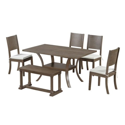 Ensemble de salle à manger 6 pièces avec étagère de rangement et pieds incurvés, ensemble de table de cuisine avec banc et 4 chaises de salle à manger avec coussins amovibles