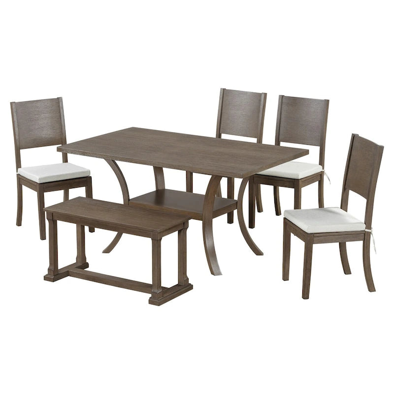 Ensemble de salle à manger 6 pièces avec étagère de rangement et pieds incurvés, ensemble de table de cuisine avec banc et 4 chaises de salle à manger avec coussins amovibles