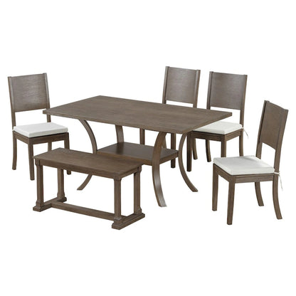 Ensemble de salle à manger 6 pièces avec étagère de rangement et pieds incurvés, ensemble de table de cuisine avec banc et 4 chaises de salle à manger avec coussins amovibles