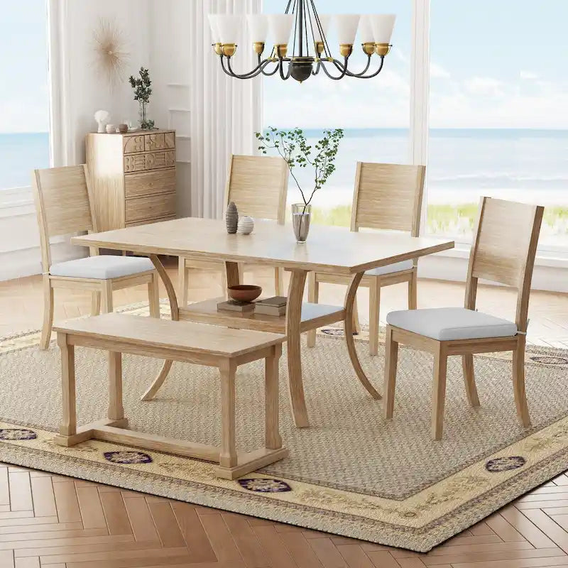 Ensemble de salle à manger 6 pièces avec étagère de rangement et pieds incurvés, ensemble de table de cuisine avec banc et 4 chaises de salle à manger avec coussins amovibles