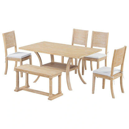 Ensemble de salle à manger 6 pièces avec étagère de rangement et pieds incurvés, ensemble de table de cuisine avec banc et 4 chaises de salle à manger avec coussins amovibles