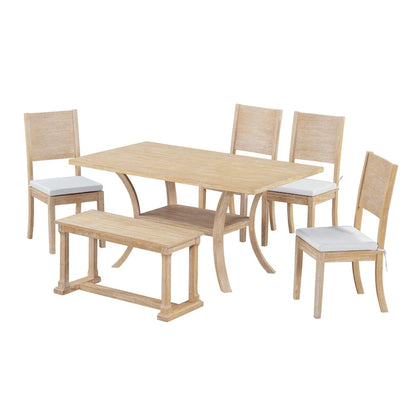 Ensemble de salle à manger 6 pièces avec étagère de rangement et pieds incurvés, ensemble de table de cuisine avec banc et 4 chaises de salle à manger avec coussins amovibles