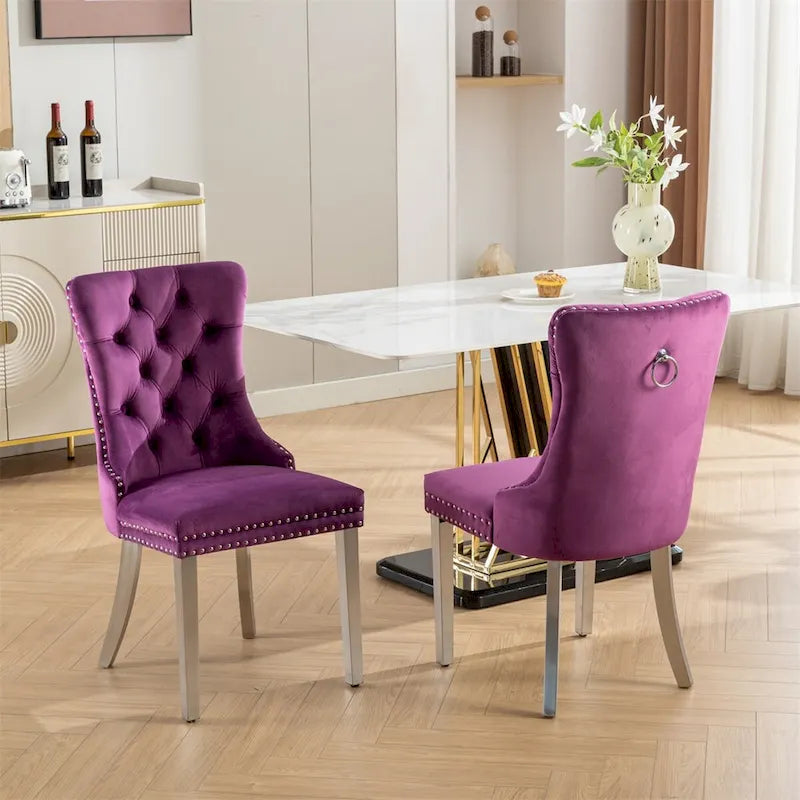 Chaise de salle à manger contemporaine en bois massif capitonné et revêtement en velours, lot de 2