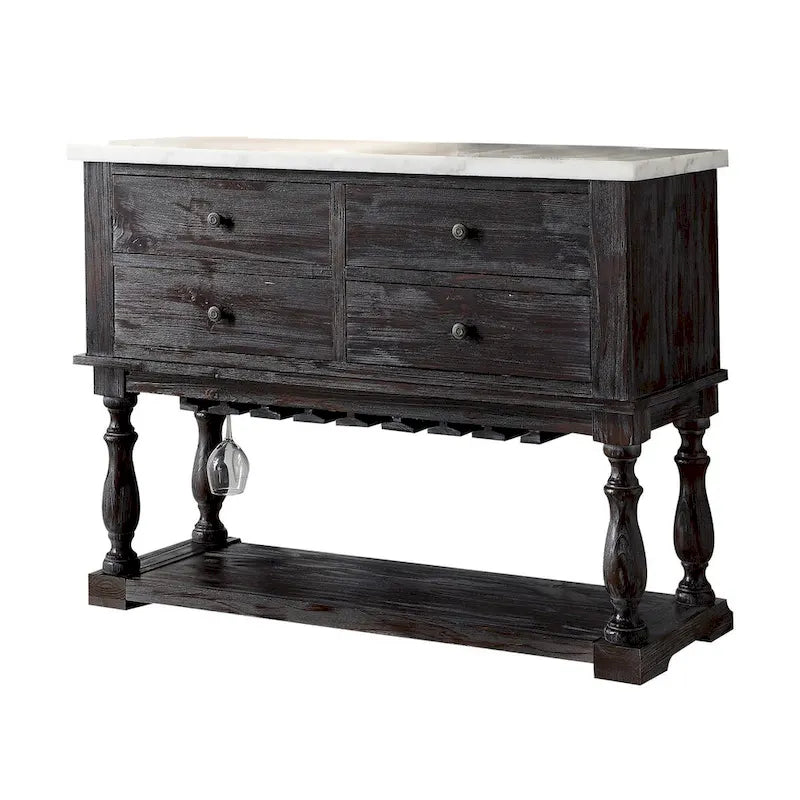 Buffet en bois à quatre tiroirs avec plateau en marbre, blanc et marron
