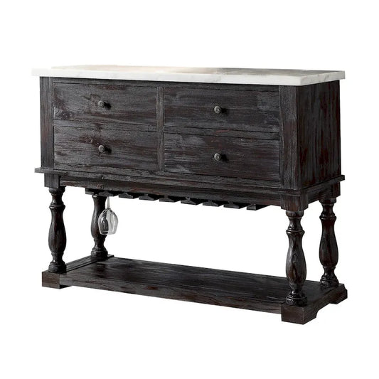 Buffet en bois à quatre tiroirs avec plateau en marbre, blanc et marron