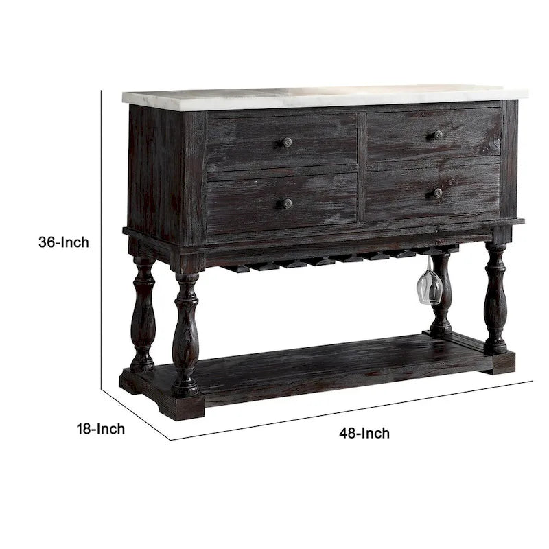 Buffet en bois à quatre tiroirs avec plateau en marbre, blanc et marron