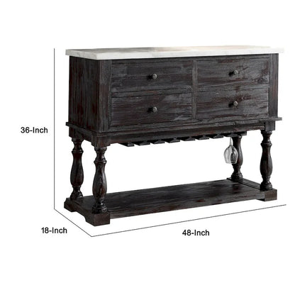 Buffet en bois à quatre tiroirs avec plateau en marbre, blanc et marron