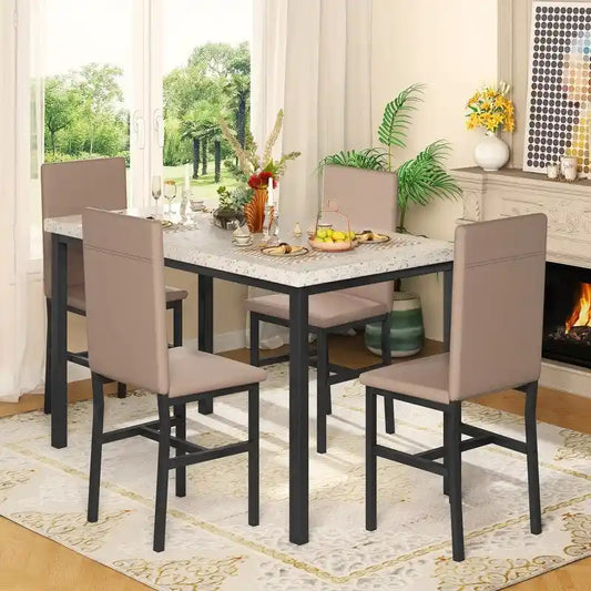 Ensemble de salle à manger Grondin style moderne du milieu du siècle, composé d'une table et de 4 chaises assorties en similicuir, avec plateau en faux marbre.