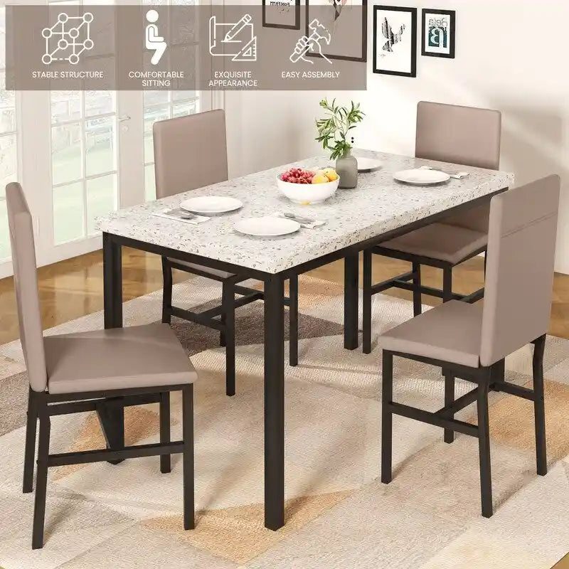Ensemble de salle à manger Grondin style moderne du milieu du siècle, composé d'une table et de 4 chaises assorties en similicuir, avec plateau en faux marbre.