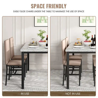 Ensemble de salle à manger Grondin style moderne du milieu du siècle, composé d'une table et de 4 chaises assorties en similicuir, avec plateau en faux marbre.