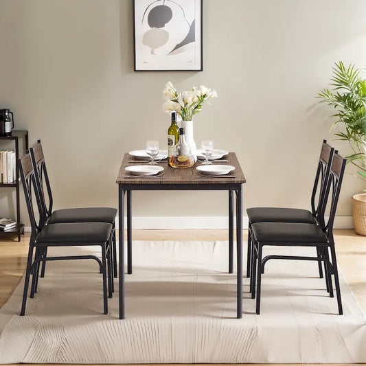 Ensemble de salle à manger moderne Javlergo 5 pièces avec 4 chaises, pour 4 personnes, marron
