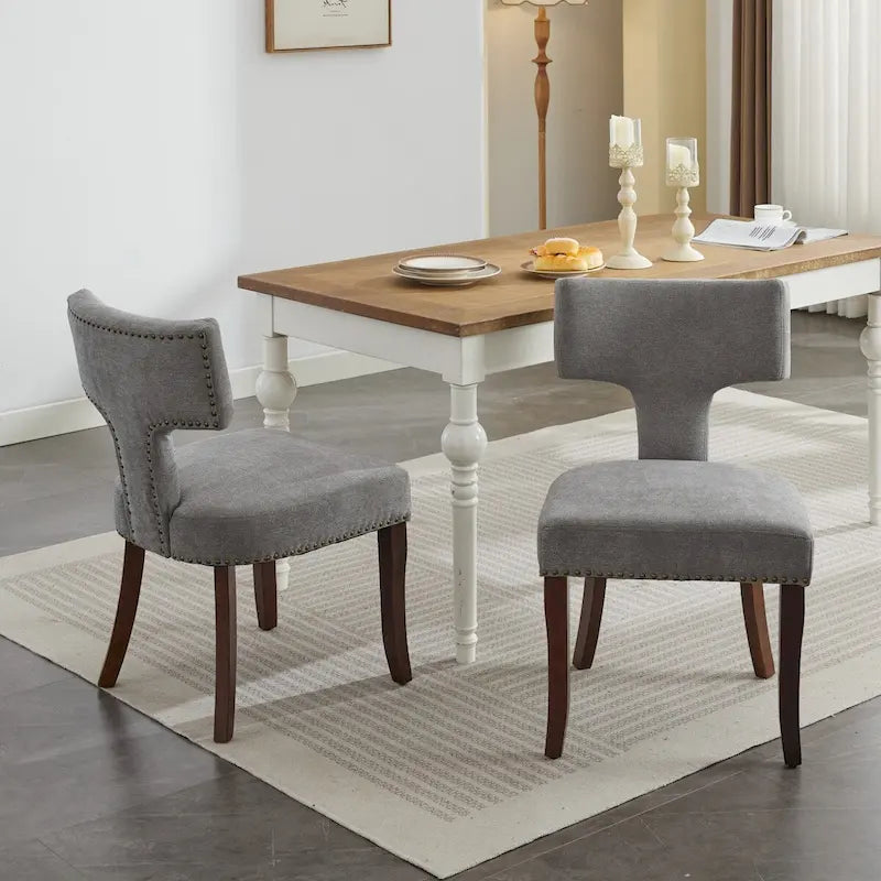 Ensemble de 2 chaises de salle à manger modernes, chaise d'appoint rembourrée en lin de style campagnard avec dossier incurvé et clous en cuivre.
