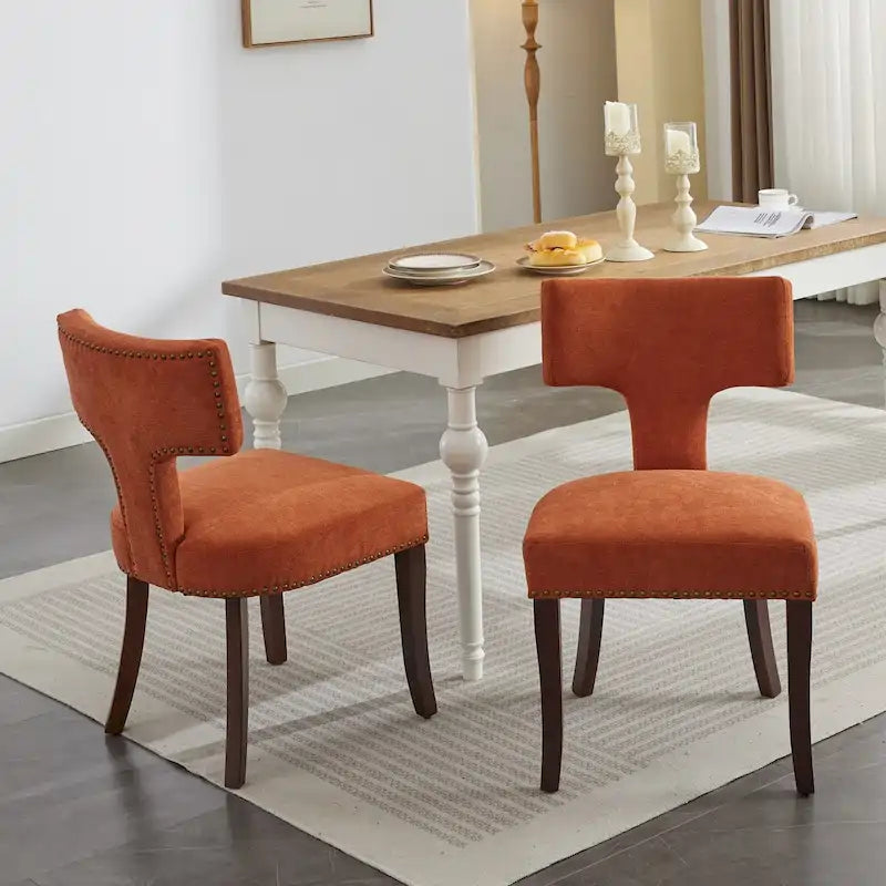Ensemble de 2 chaises de salle à manger modernes, chaise d'appoint rembourrée en lin de style campagnard avec dossier incurvé et clous en cuivre.