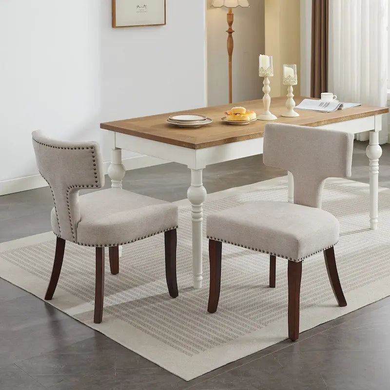 Ensemble de 2 chaises de salle à manger modernes, chaise d'appoint rembourrée en lin de style campagnard avec dossier incurvé et clous en cuivre.