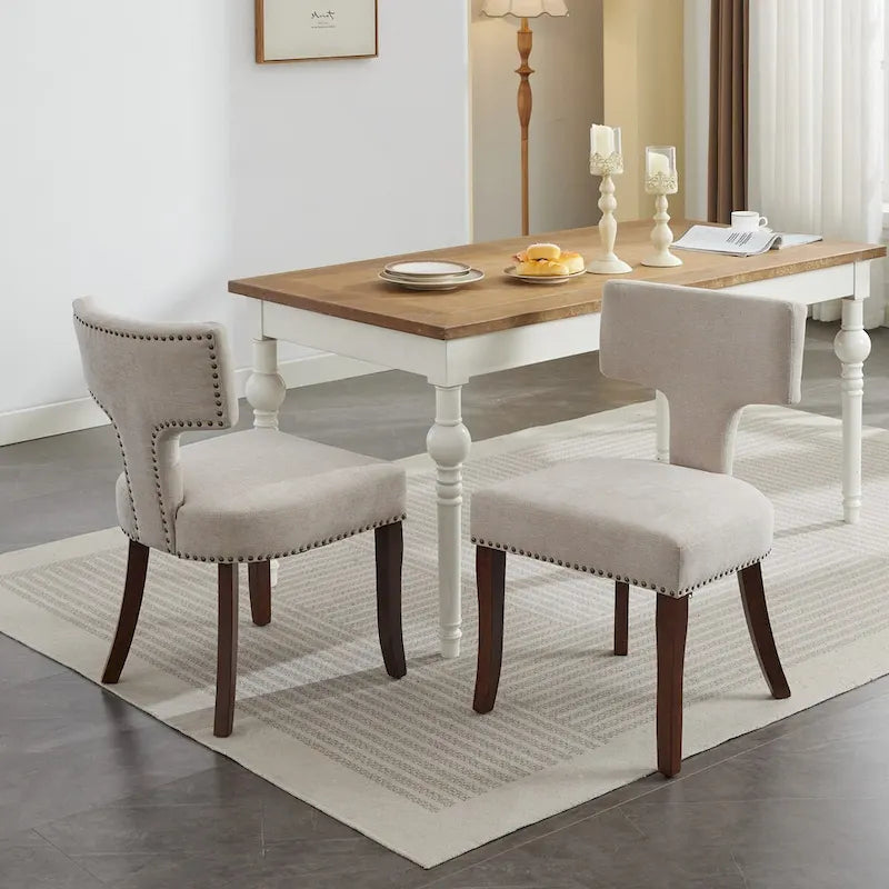 Ensemble de 2 chaises de salle à manger modernes, chaise d'appoint rembourrée en lin de style campagnard avec dossier incurvé et clous en cuivre.