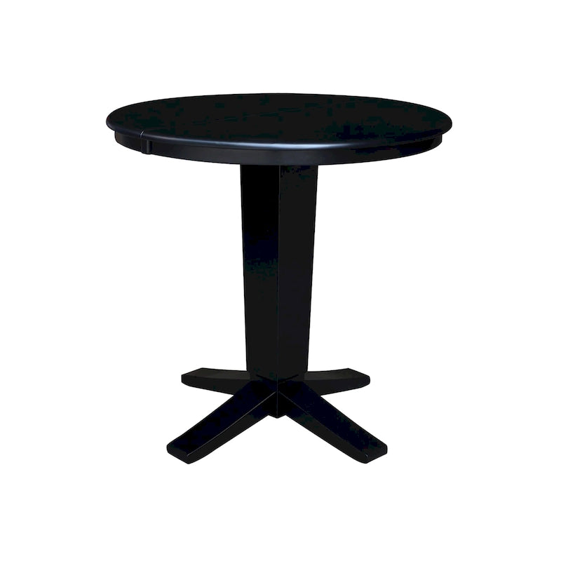 Table de salle à manger haute avec pied central et plateau rond de 91 cm (36 po), rallonge de 30 cm (12 po).