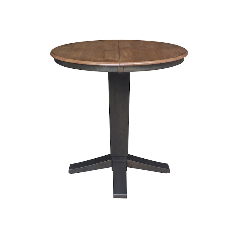 Table de salle à manger haute avec pied central et plateau rond de 91 cm (36 po), rallonge de 30 cm (12 po).