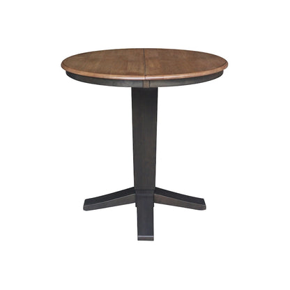 Table de salle à manger haute avec pied central et plateau rond de 91 cm (36 po), rallonge de 30 cm (12 po).