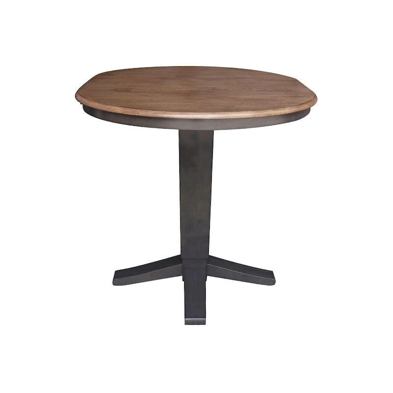 Table de salle à manger haute avec pied central et plateau rond de 91 cm (36 po), rallonge de 30 cm (12 po).