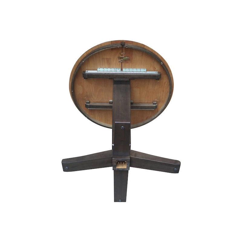 Table de salle à manger haute avec pied central et plateau rond de 91 cm (36 po), rallonge de 30 cm (12 po).