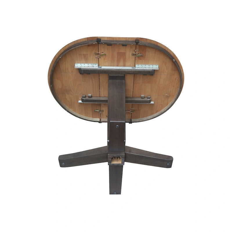 Table de salle à manger haute avec pied central et plateau rond de 91 cm (36 po), rallonge de 30 cm (12 po).