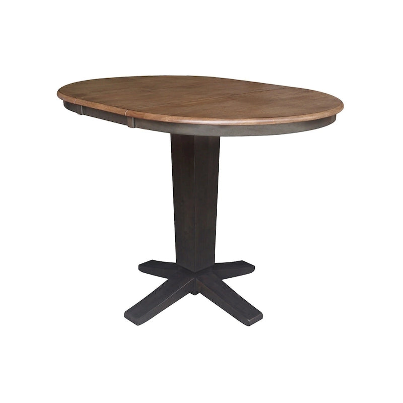 Table de salle à manger haute avec pied central et plateau rond de 91 cm (36 po), rallonge de 30 cm (12 po).