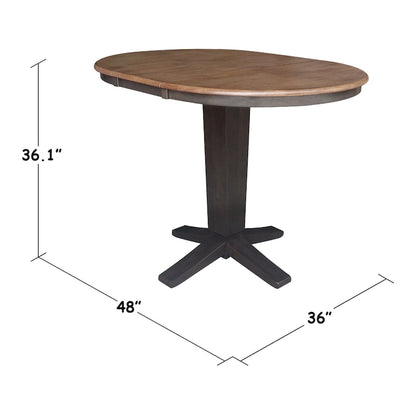 Table de salle à manger haute avec pied central et plateau rond de 91 cm (36 po), rallonge de 30 cm (12 po).
